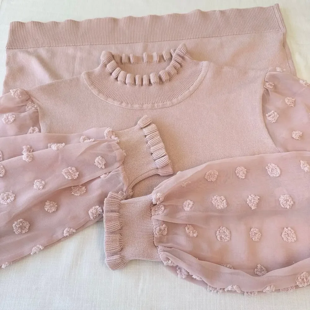 ADRIANNA PAPELL Swiss Dot Sheer Sleeve Sweater Women's Size L Dusty Pink - Picture 8 of 12